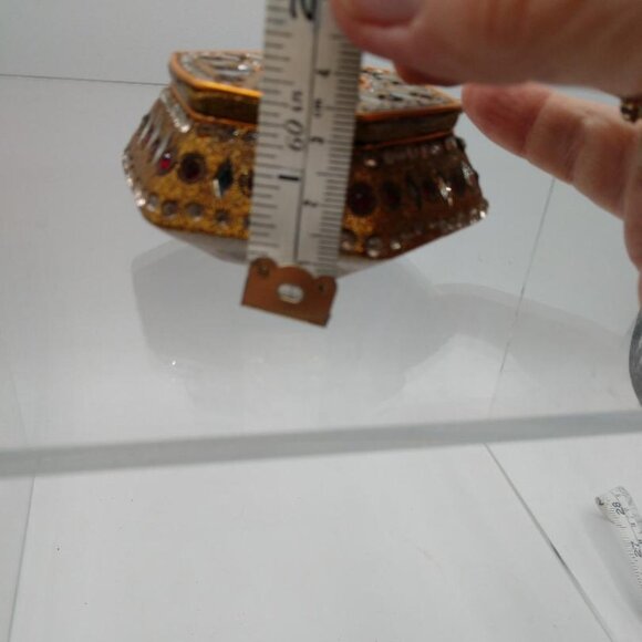 Vintage Jeweled Mirrored Trinket Box with Brass Accents and Red Embellishments - Picture 4 of 6